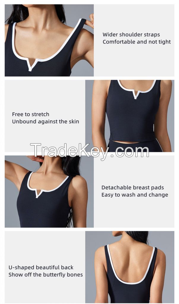 Color-block U-back sports bra (built-in pads) - cropped sleeveless workout top for yoga/gym D25152