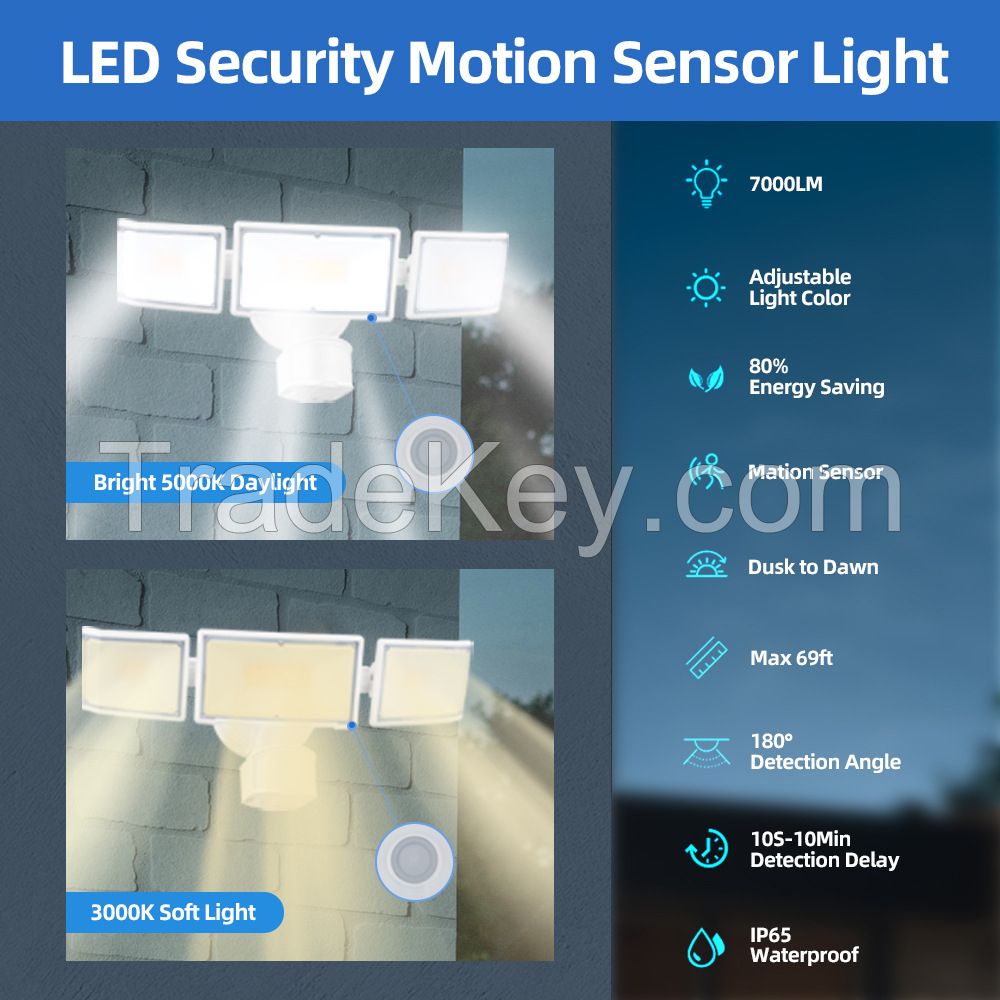 LED Outdoor Three Head Detection with Motion Sensor, IP65 Waterproof/Energy-Saving/Ultra Bright Floodlight