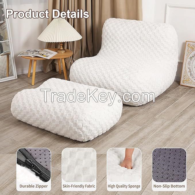 Bean bag chair with an ottoman, a modern lazy lounge chair, suitable for living rooms and bedrooms. A cream-colored modern floor sofa. 