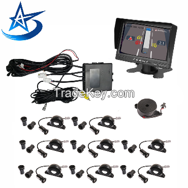 Vehicle safety products: parking sensors, forklift radar, AI-based detection, 24GHz/77GHz radar, BSD, ADAS modules, and vehicle control electronics for industrial and commercial vehicles