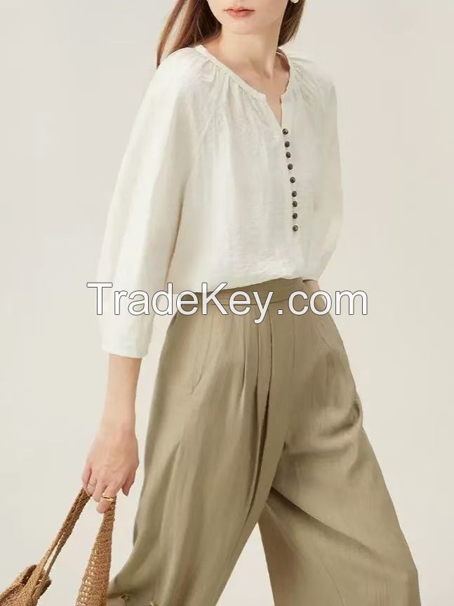 Women's French Linen Shirt Ã¢ï¿½ï¿½ Summer Short Sleeve Relaxed Blouse, Boho Office Wear Loose Fit Top