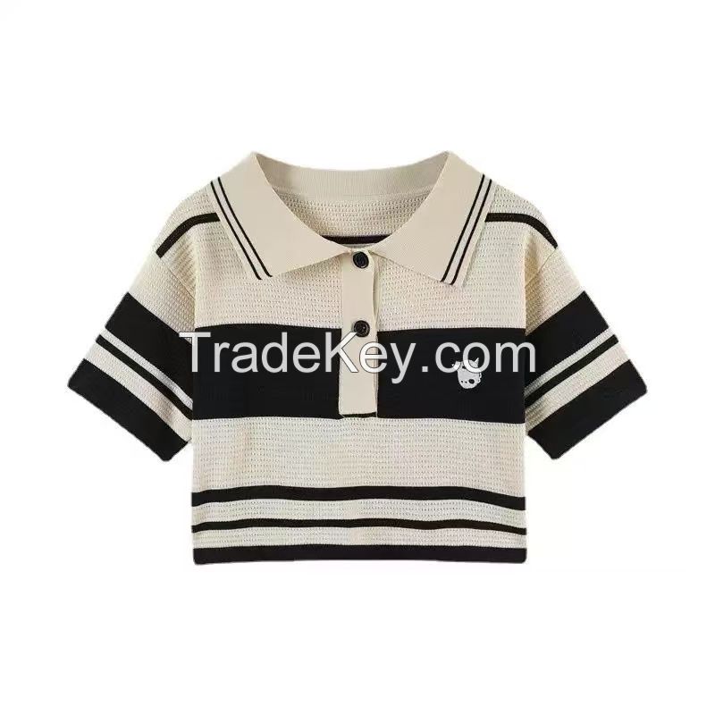 Polo collar knitwear T-shirt women's summer design sense niche striped shoulder loose slim short chic top