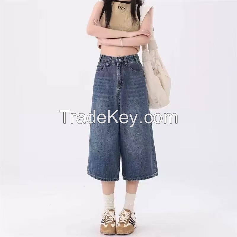 American Retro Capri Jeans for Women Summer New Arrival Distressed Washed High-Waisted Relaxed Straight-Leg Wide-Crop Pants