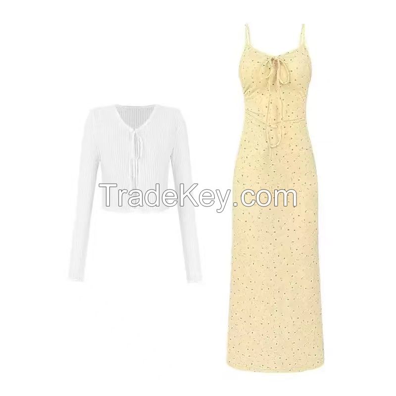 Yellow Floral Spaghetti Strap Dress - Women's Summer Sleeveless Sundress, French Sweet Style with Waist Definition ; A-Line Silhouette
