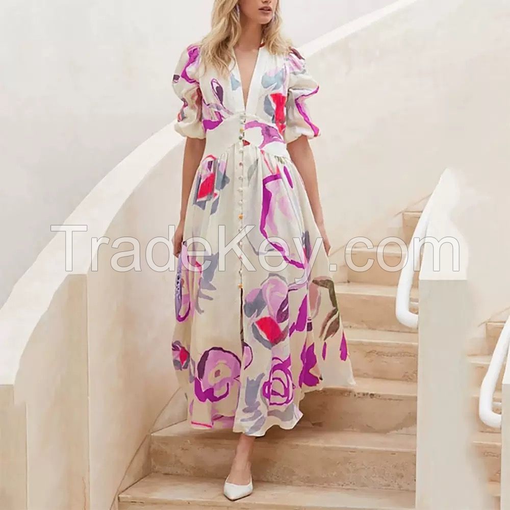 2025 New Spring Cross - border Women's Beach Dress, Slim Fit with Big Swing, All - Around Stretch Print, A - line, High - waist, V - neck, Puff Sleeve