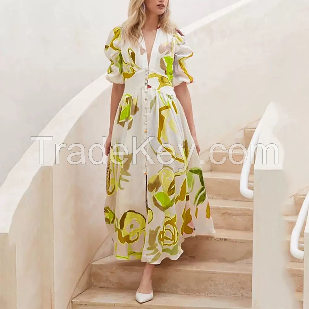 2025 New Spring Cross - border Women's Beach Dress, Slim Fit with Big Swing, All - Around Stretch Print, A - line, High - waist, V - neck, Puff Sleeve