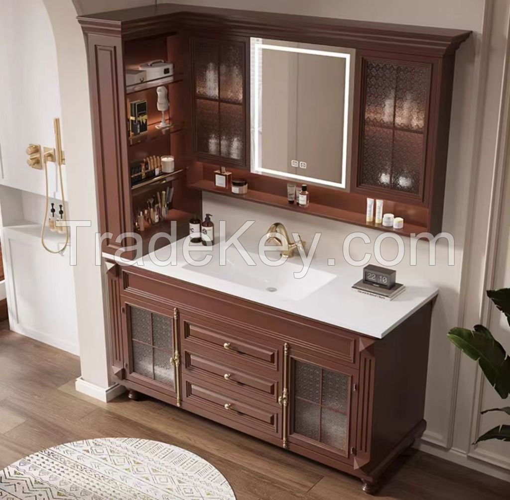 American - style Oak Bathroom Cabinet Combination with Rock Slab Hot - bent Integrated Washstand and Washbasin, Floor - standing Type