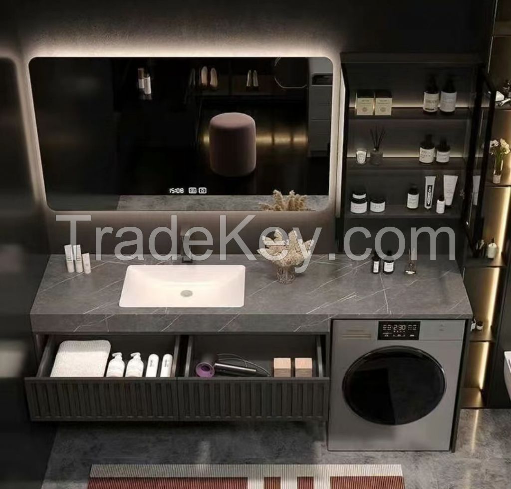 Smart Practical and Minimalist Integrated Rock - slab Bathroom Cabinet Set with Washer and Washbasin