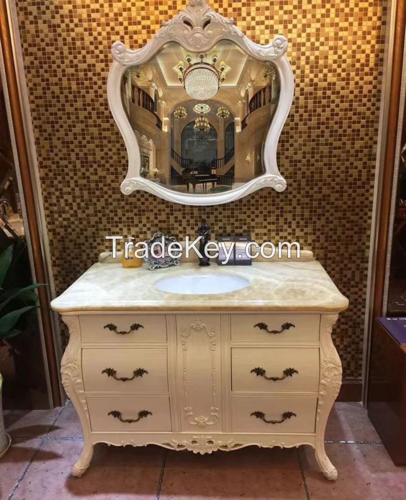 European - style Antique - inspired Bathroom Cabinet with Marble - topped, Oak Solid Wood, Floor - standing Washbasin and Toiletries Combination