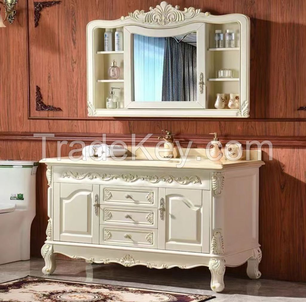 European - style Antique - inspired Bathroom Cabinet with Marble - topped, Oak Solid Wood, Floor - standing Washbasin and Toiletries Combination
