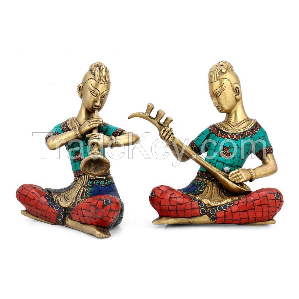 Customized Sculpture Brass Musician Set Sculpture with Turquoise Coral stone set of Wall Decoration and gift