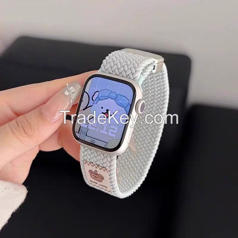 Applicable to Apple iwatch 10 Watches applewatchs9/s8/s7/s6/s5/SE cute creative music bear nylon woven magnetic suction watchband for women and men senior ultra sports wristband