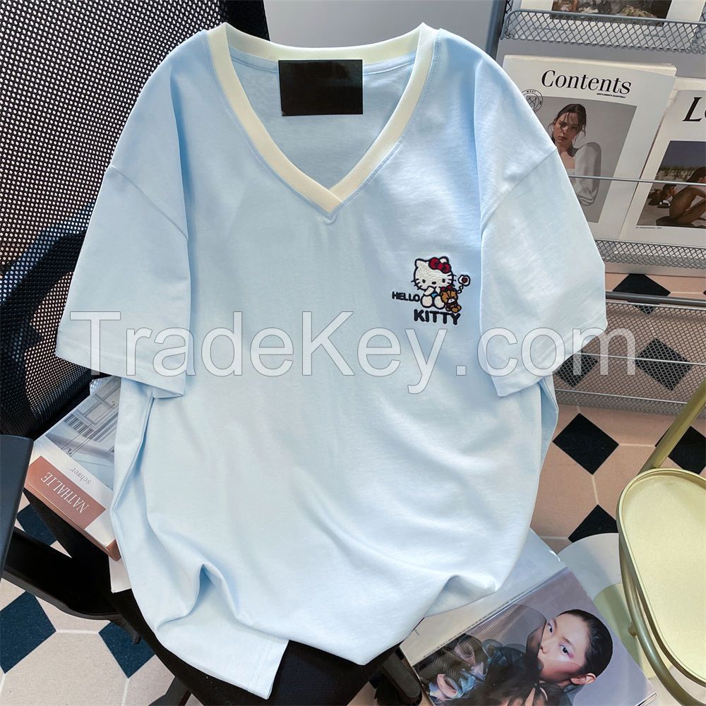 Contrast heavy industry embroidery cute hellokitty short sleeve T-shirt men and women summer V-neck contrast design cotton top.