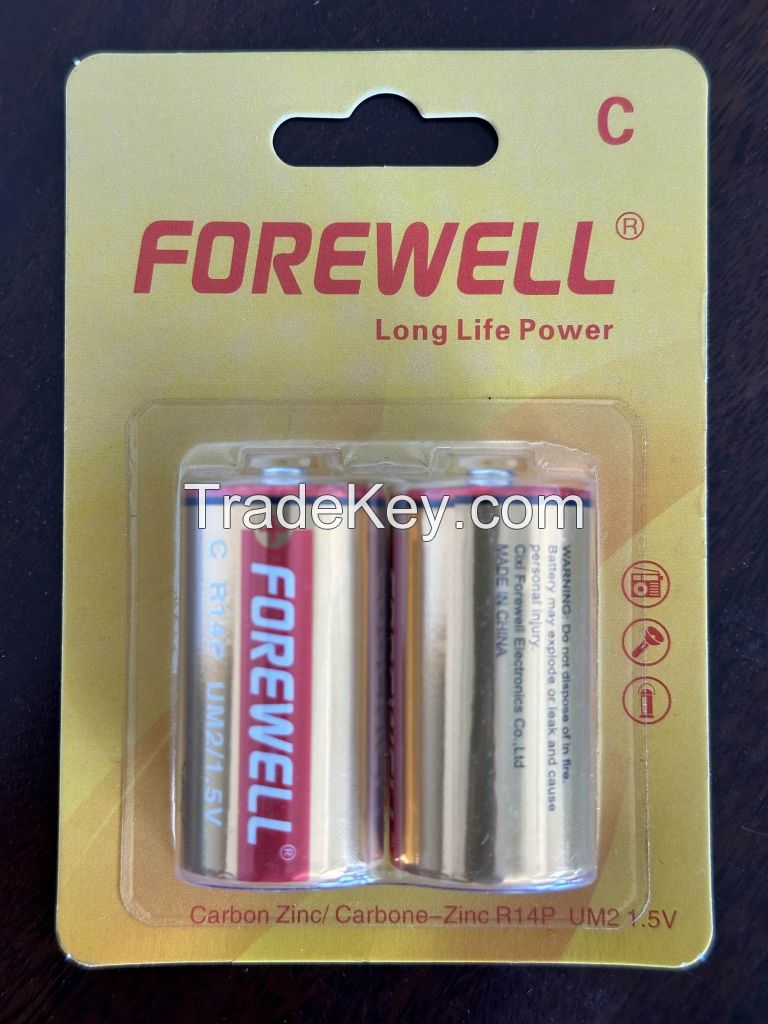 FOREWELL Factory Supply Quality Guaranteed High Capacity Super R14 1.5V Zinc Carbon Battery Dry Battery for Remote Control