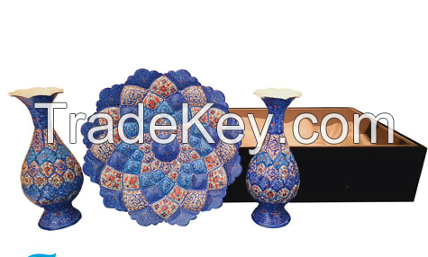 Gift Box Set of a Pair of Copper Enamel Vases and Plate in a Velvet Box