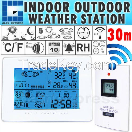 Digital Wireless Weather Station Indoor Outdoor Thermometer Temperature Humidity w/ RCC Radio Controlled Clock +C/F & RH Display