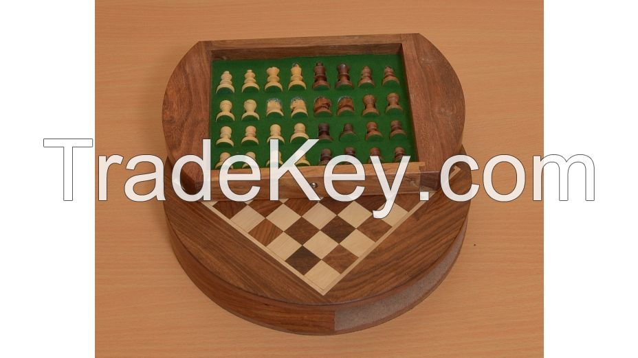 Travel Series Round Magnetic Chess Set in Shesham/Box Wood - SKU:S1233