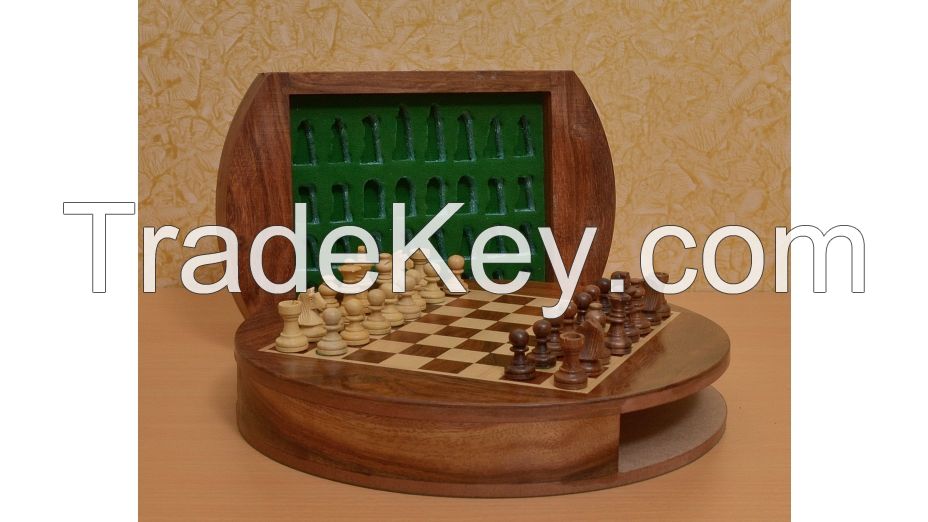 Travel Series Round Magnetic Chess Set in Shesham/Box Wood - SKU:S1233