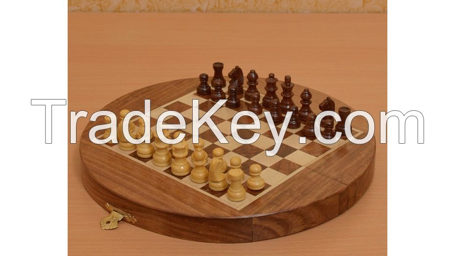 Travel Series Folding Magnetic Round Shape Chess Set In Sheesham-M0007