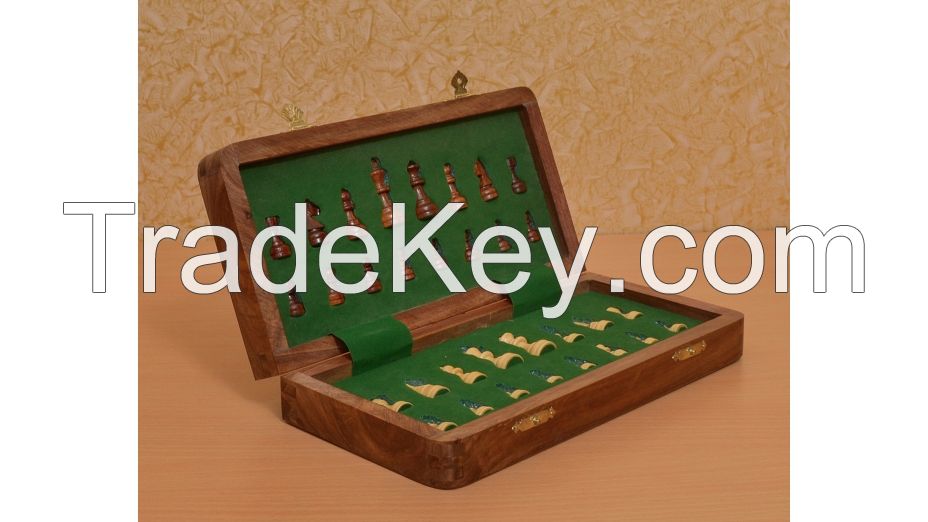 Travel Series Folding Magnetic Chess Set in Shesham/Box wood-12"-S1208