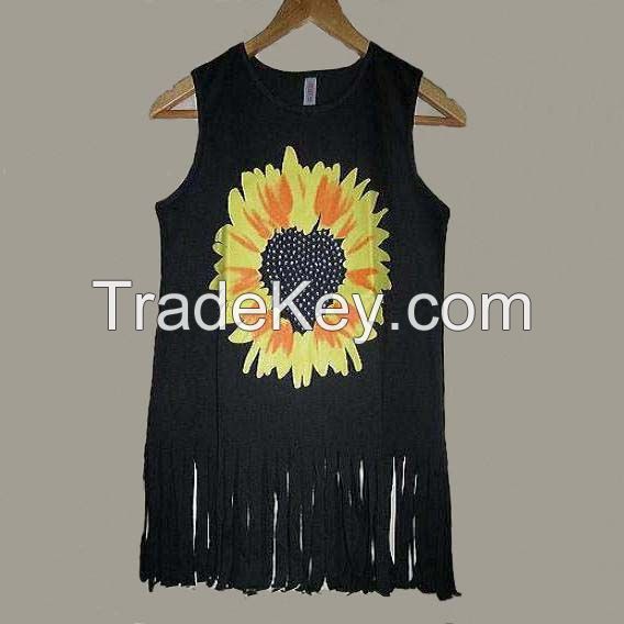 Girls' fashion printing rhinestone vest with fringe