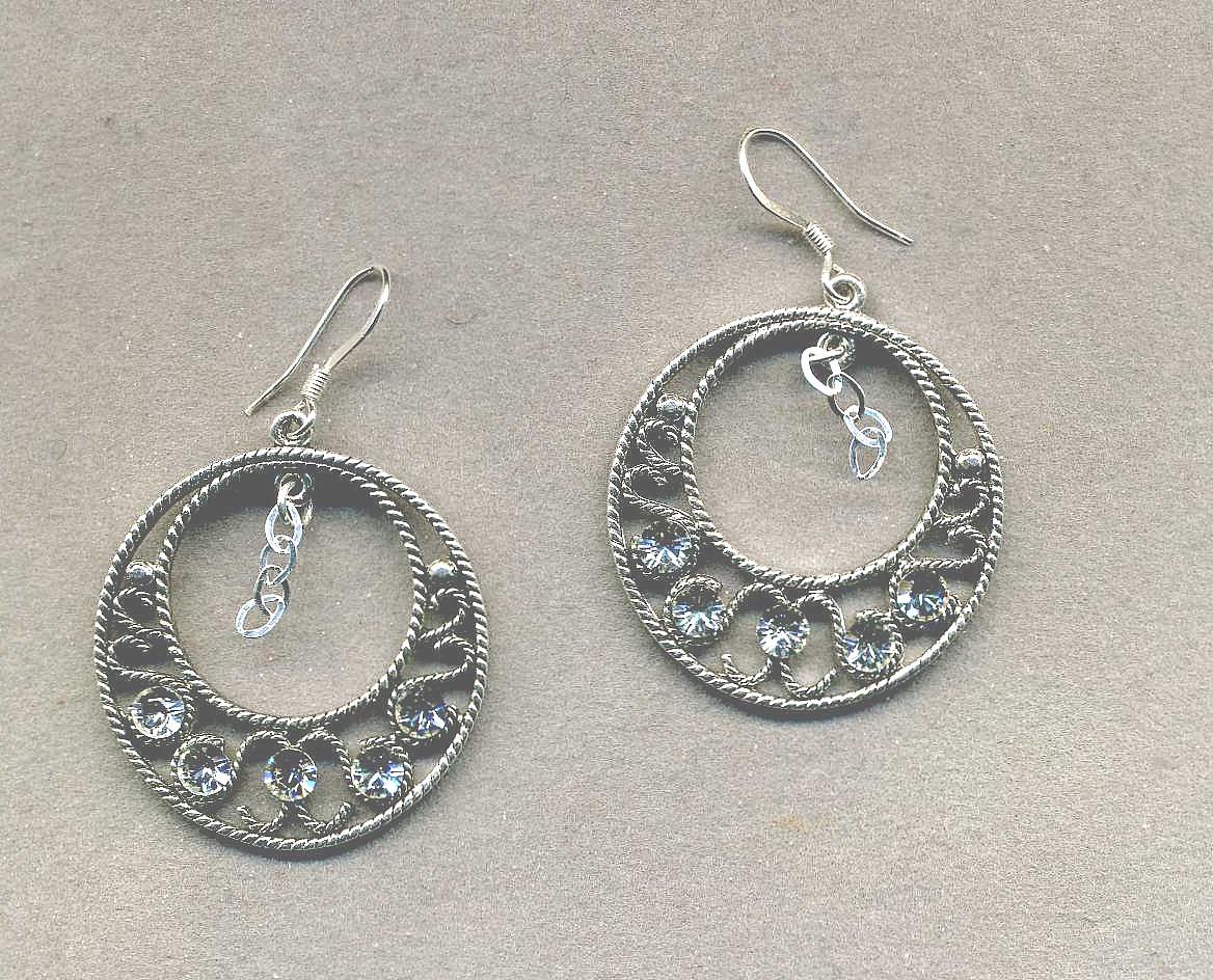 Silver and White Crystal Hoop Chain Earrings