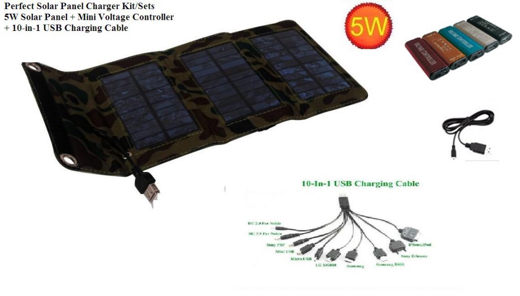 Perfect Solar Panel 5W Kits plus 10-in-1 USB Charging Cable and Mini Voltage Controller for all moilephones charging