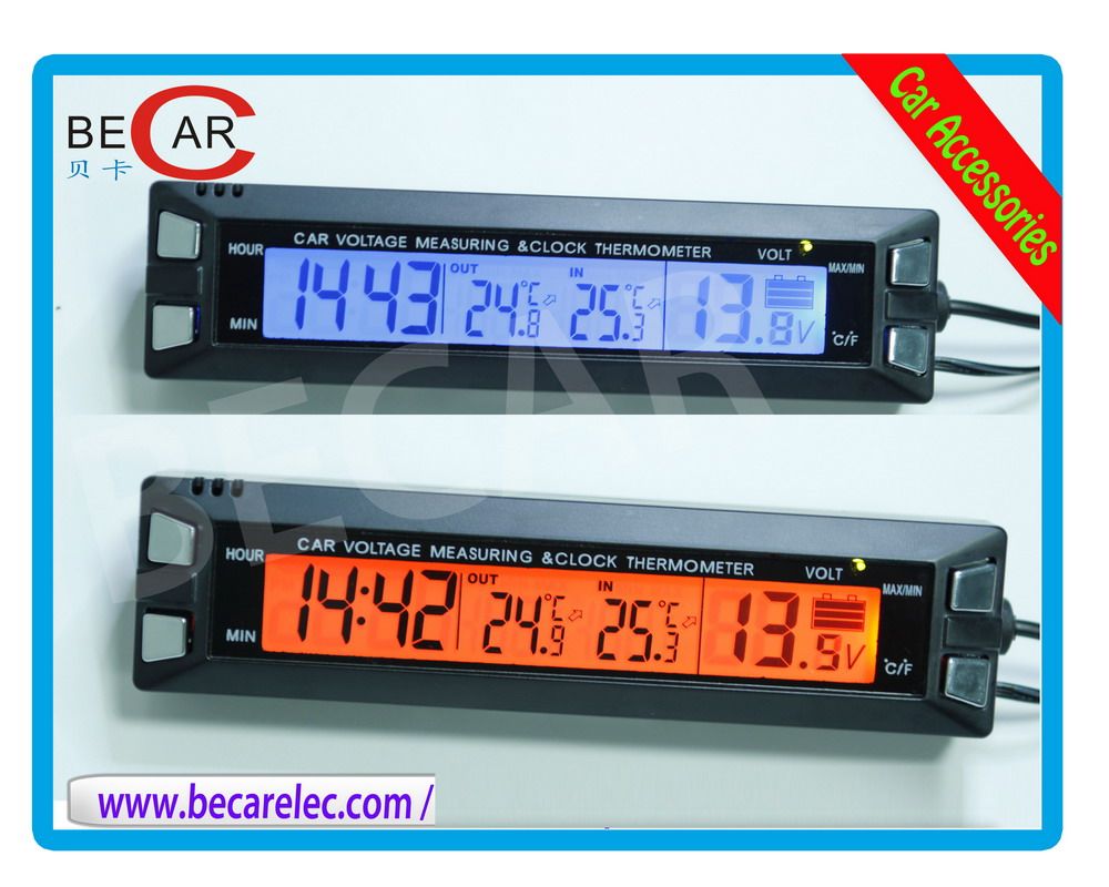 car battery voltage meter with in/out thermometer and clock