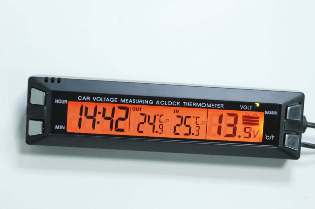 car battery voltage meter with in/out thermometer and clock