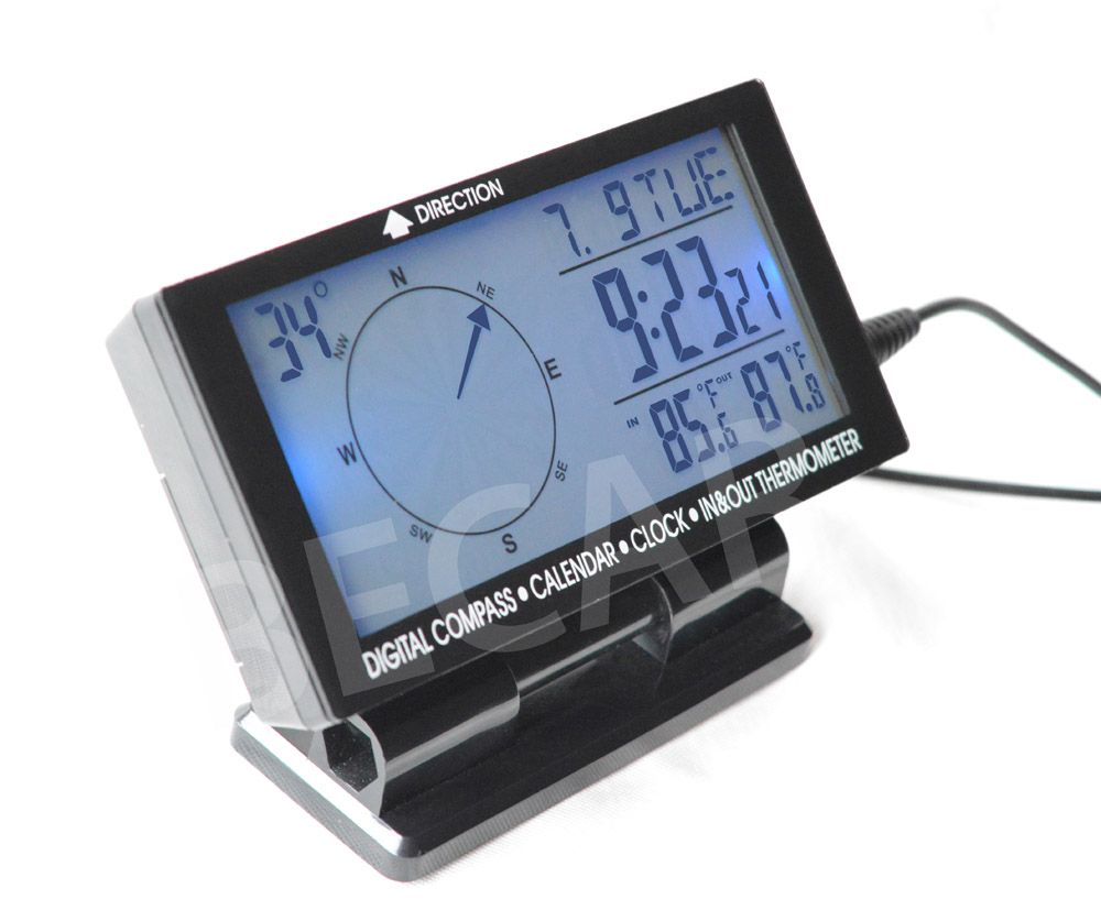 Car digital compass with clock and thermometer