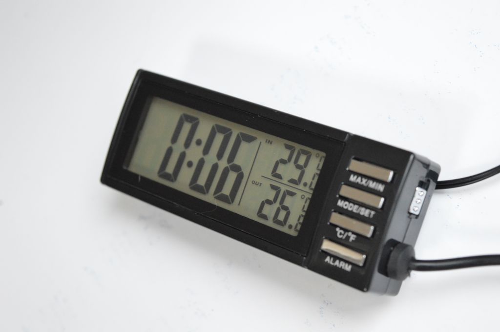 Car clock with in/out thermometer