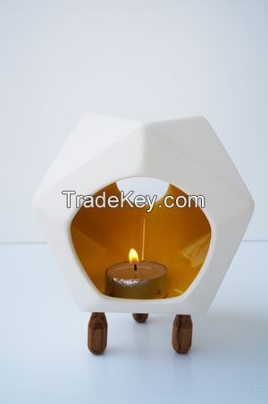 Ceramic Candle Holder with 3 Wooden Legs - Angular Shape