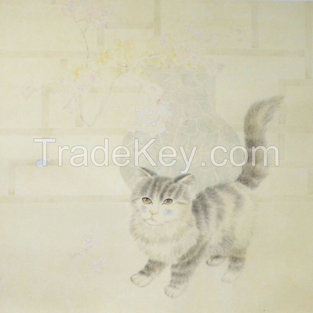 Famous artists for Original Oriental Chinese Painting, theme cat, gongbi painting