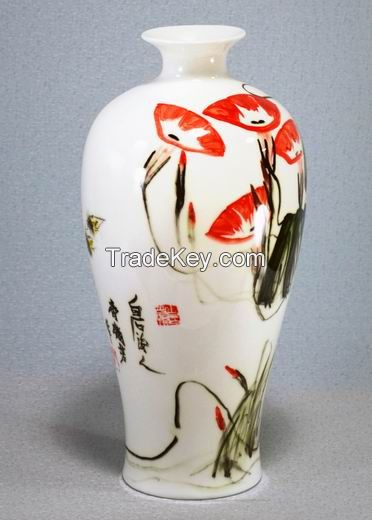 Oriental High Quality Bone porcelain flower vase, decorated by Chinese ink painting in Decal ceramic, by Qi Fu