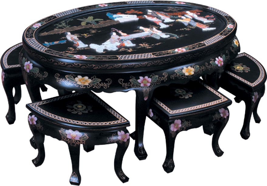 Stone inlaid table and stools