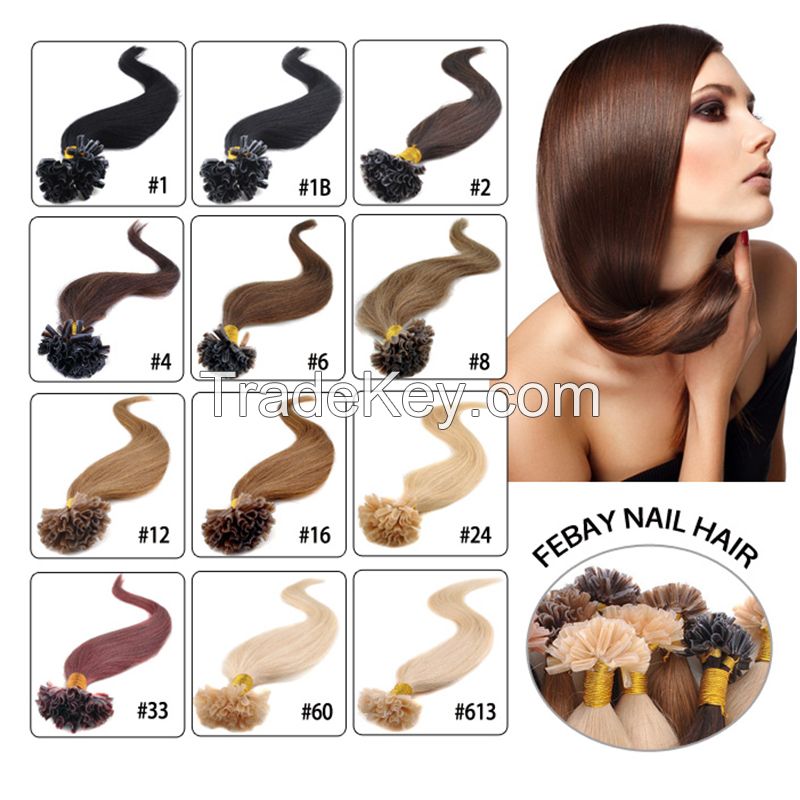Nail tip hair remy Human Hair Extensions #red