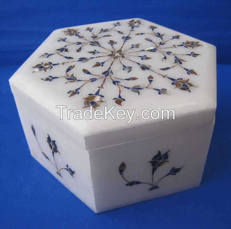 Marble Jewelry Box Lapis Lazuli Luxury Handmade Mosaic Inlay Floral Indian Gift Box