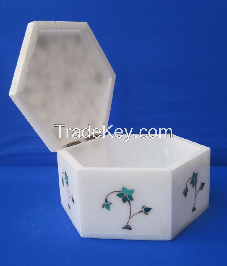 Marble Jewelry Box Lapis Lazuli Luxury Handmade Mosaic Inlay Floral Indian Gift Box