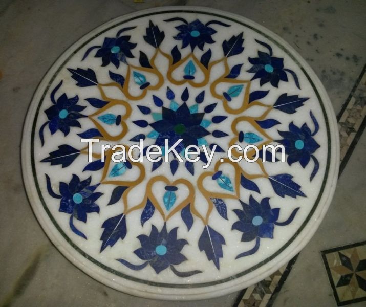Indian Stone Inlay Marble Inlay Table Top, Medallions Borders Table Tops