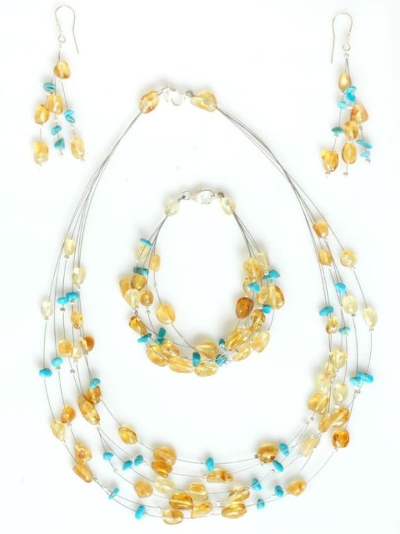 Lemon amber and turquoise set (bracelet, earrings and necklace)
