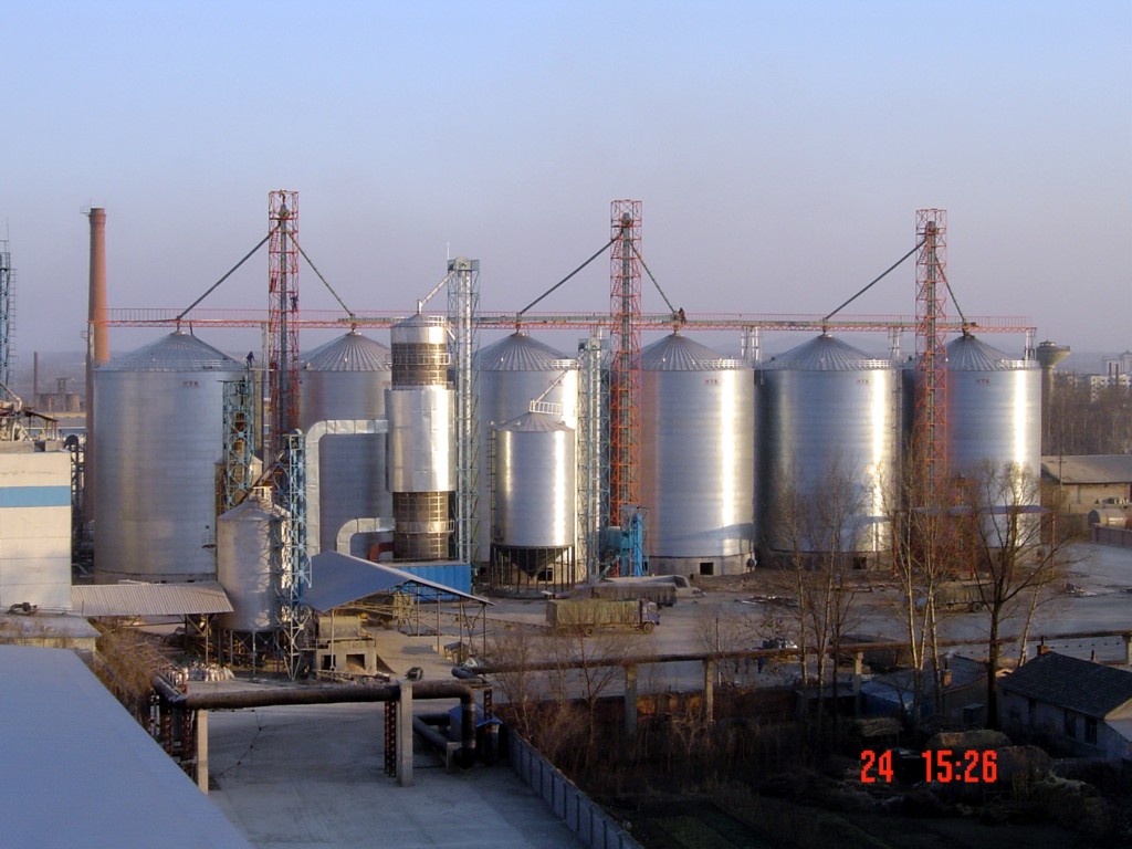 Grain steel silo with flat bottom and hopper bottom