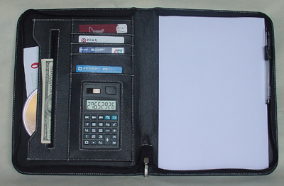leather documents holder with calculator, cards cash & disk holders