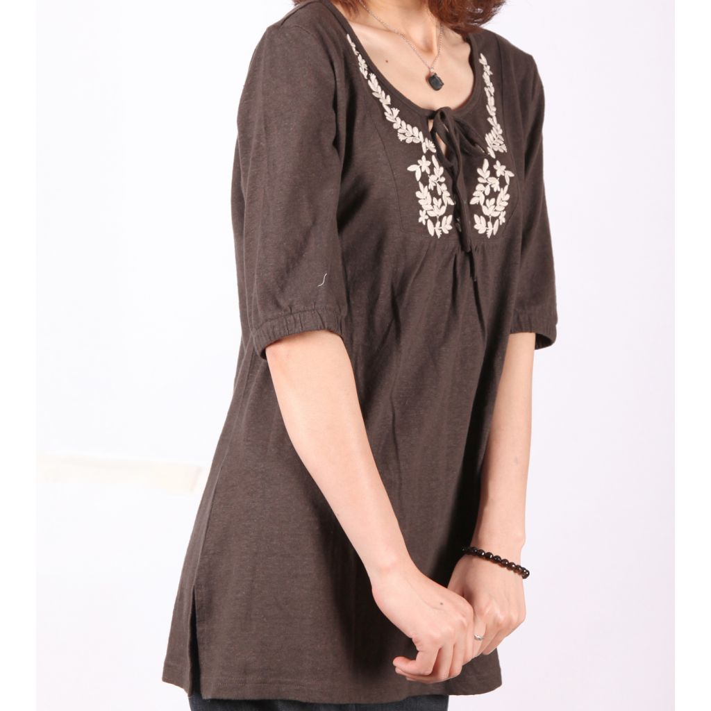 New Ladies dark hemp cotton embroidered tops U