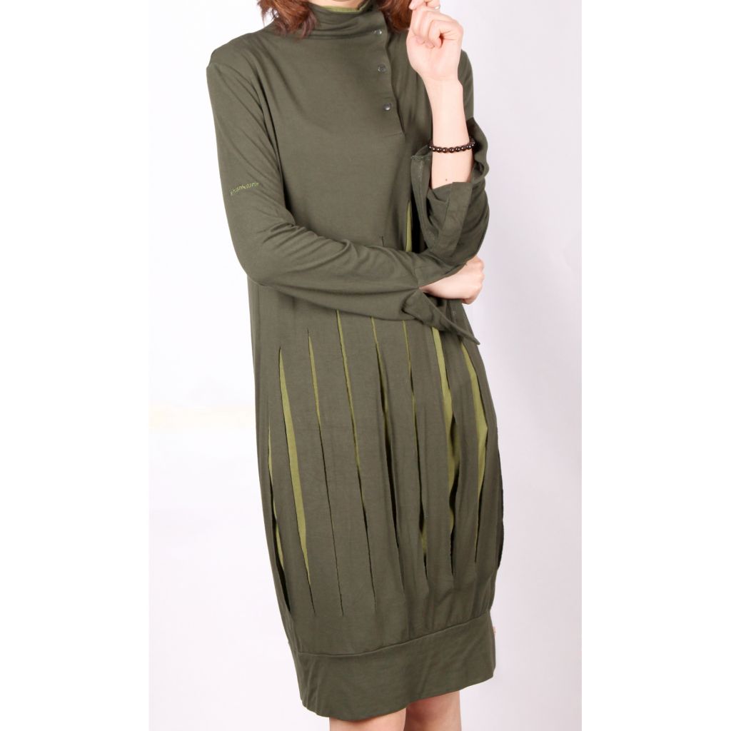 Sell womens long-sleevs tops dark green with buttons stripped pattern K