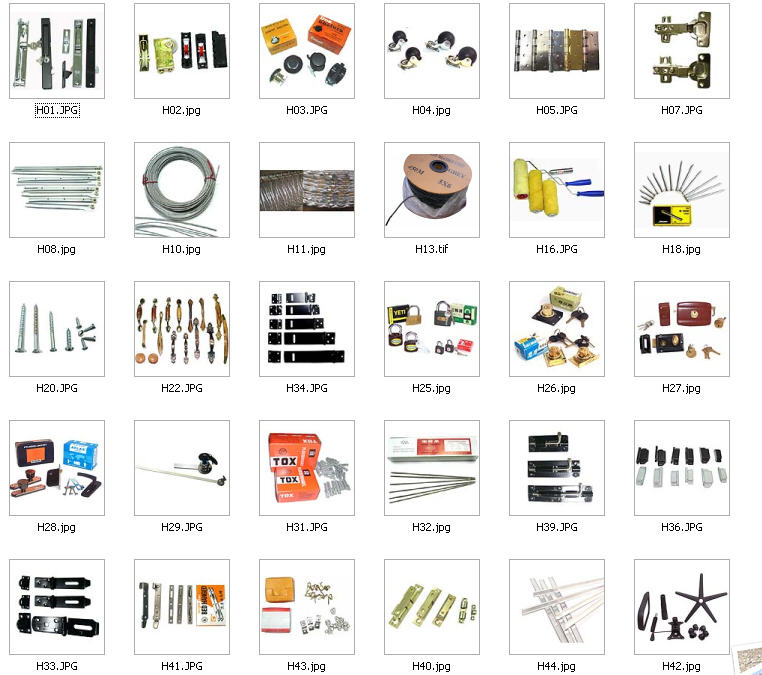 hardware, door/window lock, door/window roller, hinge, staple, bolt, nails