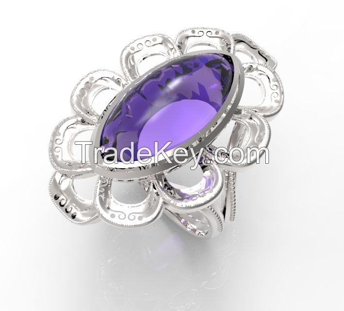 925 Sterling Silver Women's Carve Rope Wavy Ring with Amethyst Bead Stone in Varies Color