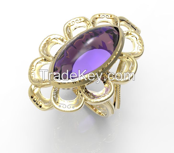 925 Sterling Silver Women's Carve Rope Wavy Ring with Amethyst Bead Stone in Varies Color