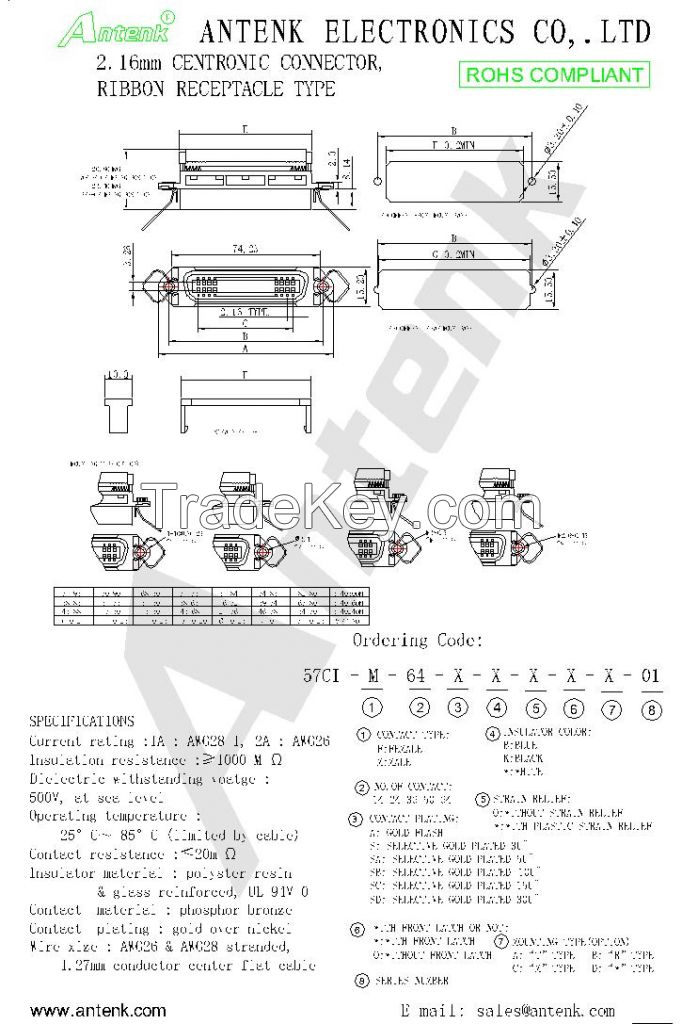 2.16mm CENTRONIC CONNECTOR, RIBBON RECEPTACLE TYPE