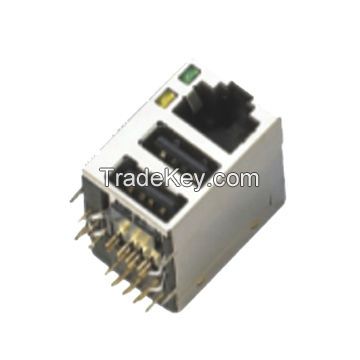 RJ45 Dual-USB Connector with RJ45 Plug Socket Combo USB Jack Adapter, PCB Panel Mount or Wall-type