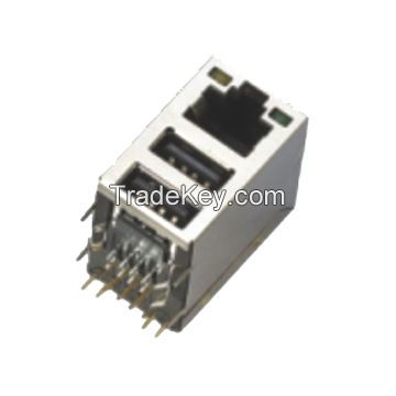 RJ45 Dual-USB Connector with RJ45 Plug Socket Combo USB Jack Adapter, PCB Panel Mount or Wall-type